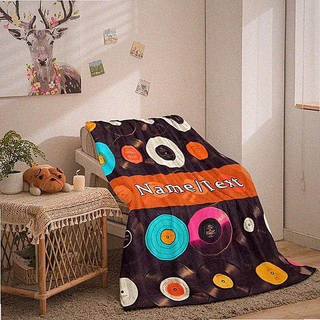 1pc Personalized Vinyl Record Design Blanket, 100% Polyester Flannel Throw, Li