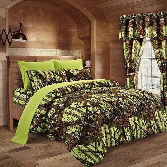 24 PC COMFORTER SET SHEETS YELLOW LIME CAMO Queen sheets with King Comforter