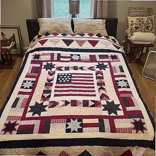 Authentic Hand & machine stitched vinyl Patchwork Queen USA Star Cotton Quilt.