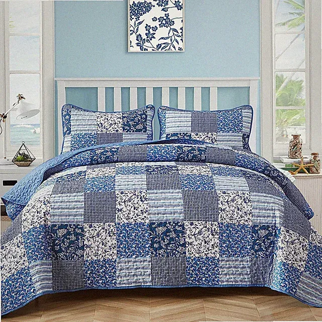 Blue Boho Quilt Set Queen Size,3 Pieces Plaid Floral Bedspread Coverlet Set for
