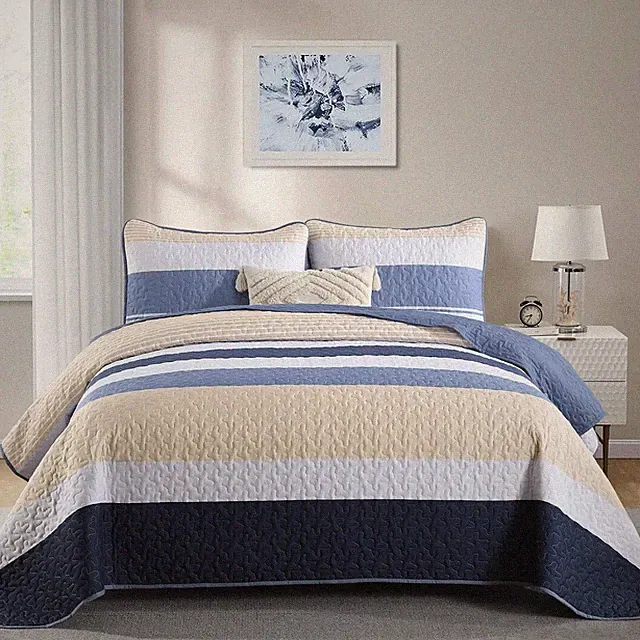 Blue Boho Quilt Set Queen Size, Fall Striped Bedspread Lightweight Farmhouse Bed