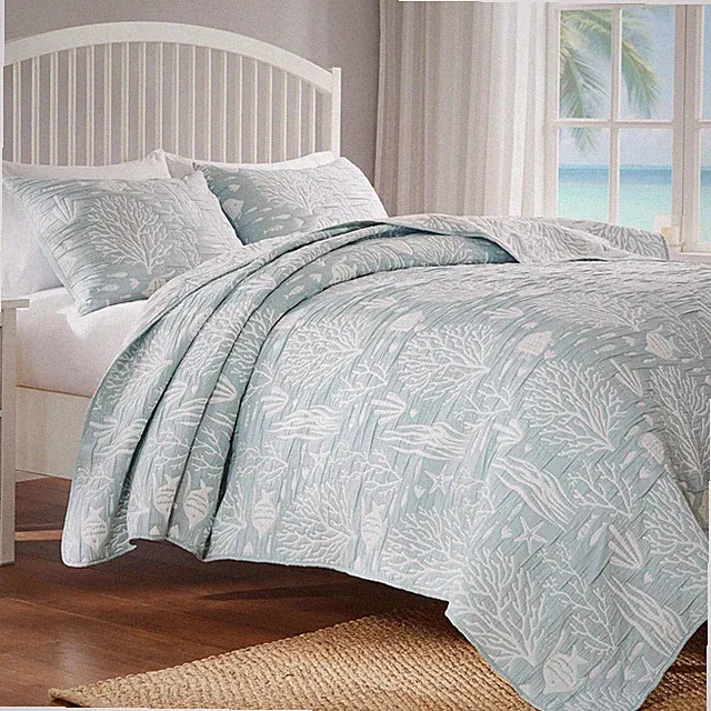 Coastal Paradise Reversible King Coverlet Set in Marina Seafoam - 3 Pieces