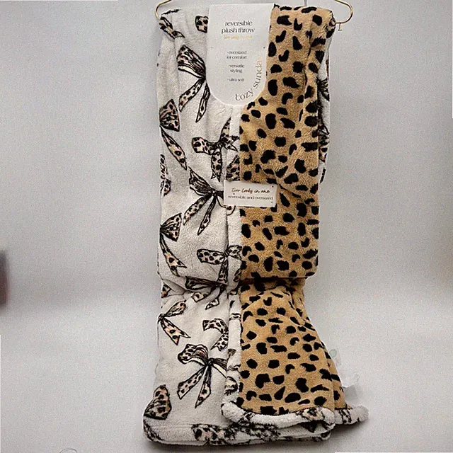 Cozy Sunday Reversible Plush Throw Blanket Leopard Print Bows Oversized Soft