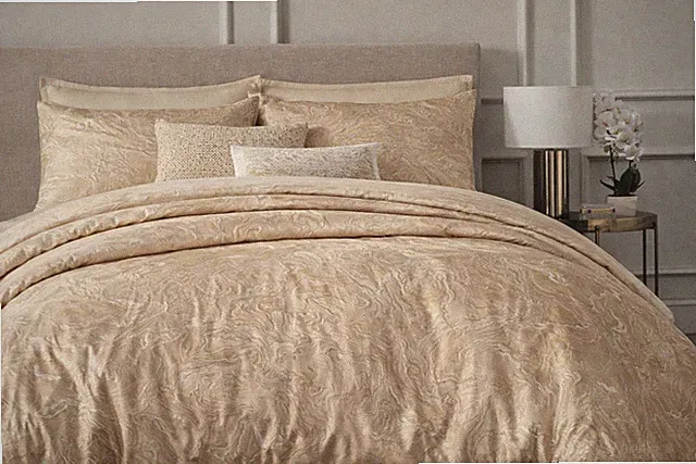 Donna Karan Queen Duvet Cover Set Gold Beige Liquid Marble Cotton Blend Shams