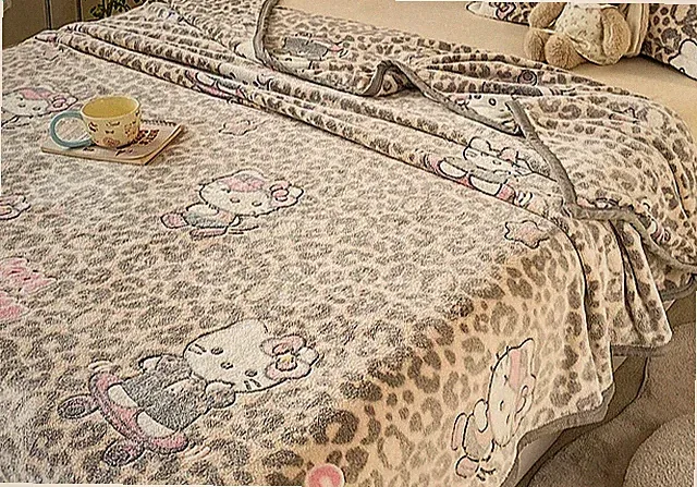 Hello Kitty Leopard Milk Velvet Blanket Jacquard Minky Knit King Throw Blanket