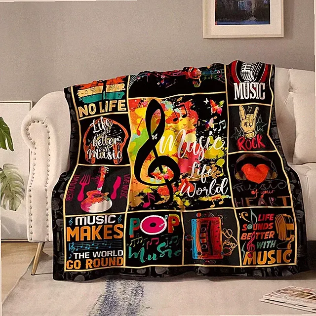 Music Graphic Blanket Rock Vinyl Notes Guitar Cozy Throw Soft Bedding