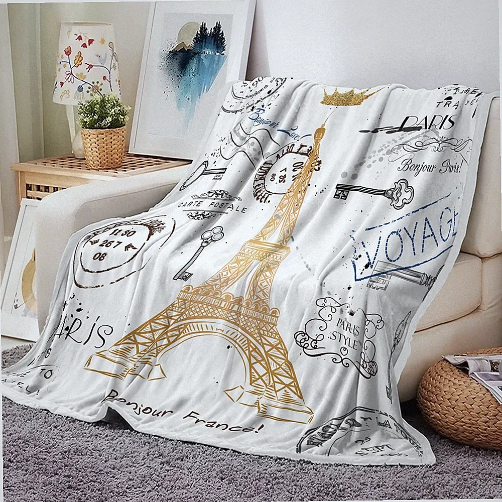 Paris Throw Blankets, Eiffel Tower Unisex Cozy Warm Bed Couch Blanket, Golden...