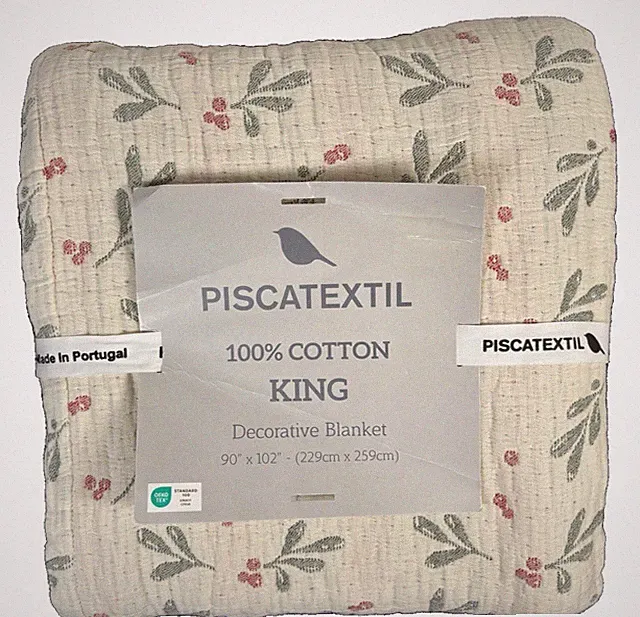 Piscatextil KING Cotton Blanket Portugal Floral Berry Green 90x102 Ivory