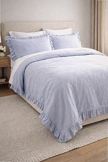 PiuBelle Portugal KING Duvet Shams Set Blue Ruffled Edge Soft Cotton Shabby Chic