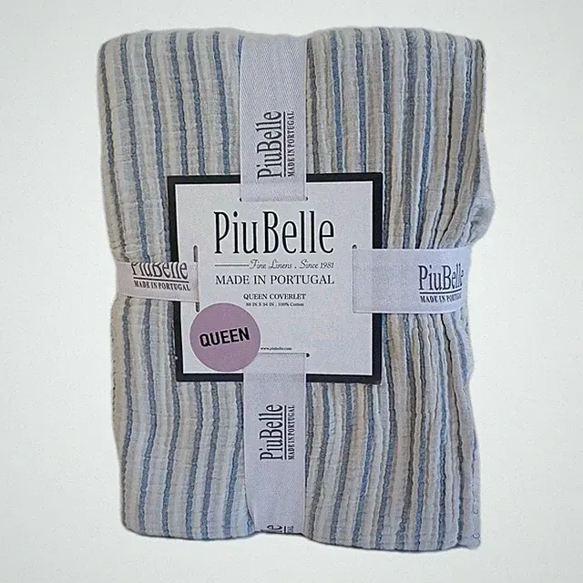 PiuBelle Portugal Queen Coverlet Quilt, 88" X 94", Cotton, Blue Stripe & Fringe