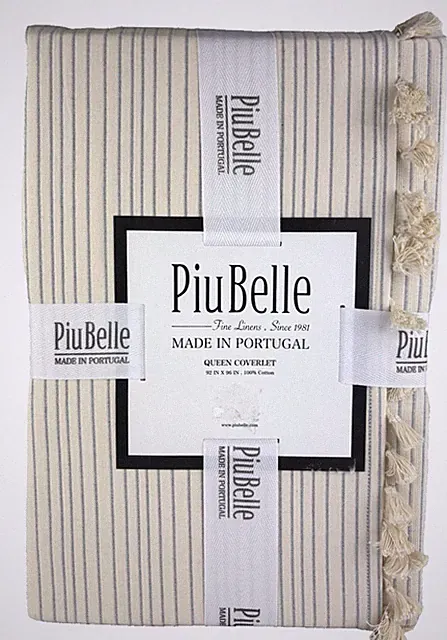PiuBelle QUEEN Coverlet Beige Blue Stripe Cotton Made in Portugal Tassel Edge
