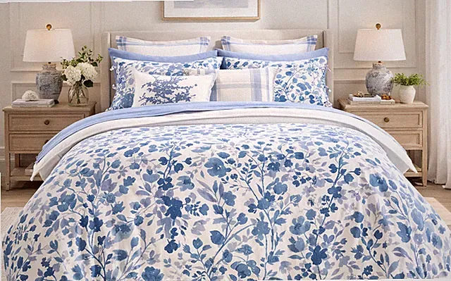 Ralph Lauren Ada Full Queen Duvet Cover Set 3PC Blue Cream Floral 100% Cotton