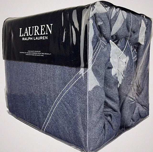 Ralph Lauren Flynn KING Duvet Cover Set Denim-Look Blue 100% Cotton with Shams