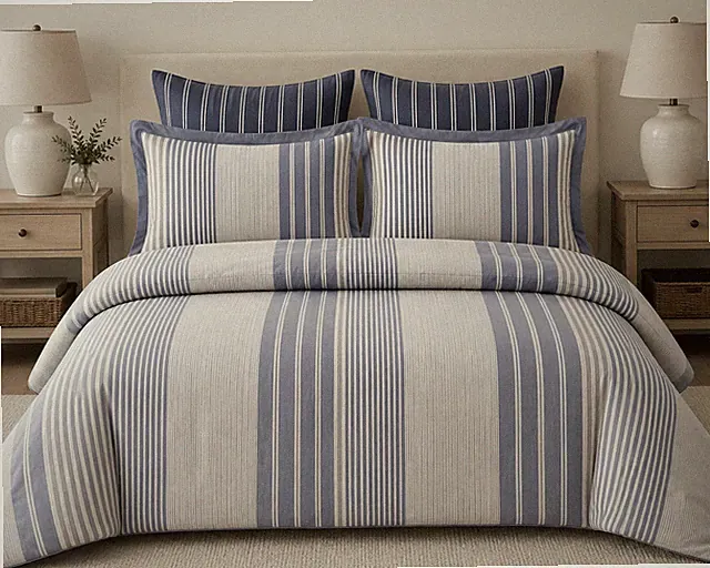 Ralph Lauren Heath KING Comforter Set Blue Stripe Euro Shams Cotton 5 PC
