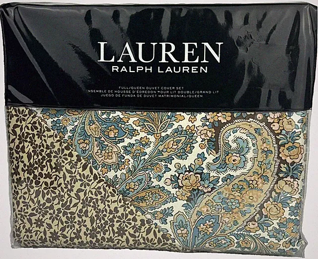 Ralph Lauren Queen Duvet Cover Set Riley Paisley Tan Blue Flowers 100% Cotton