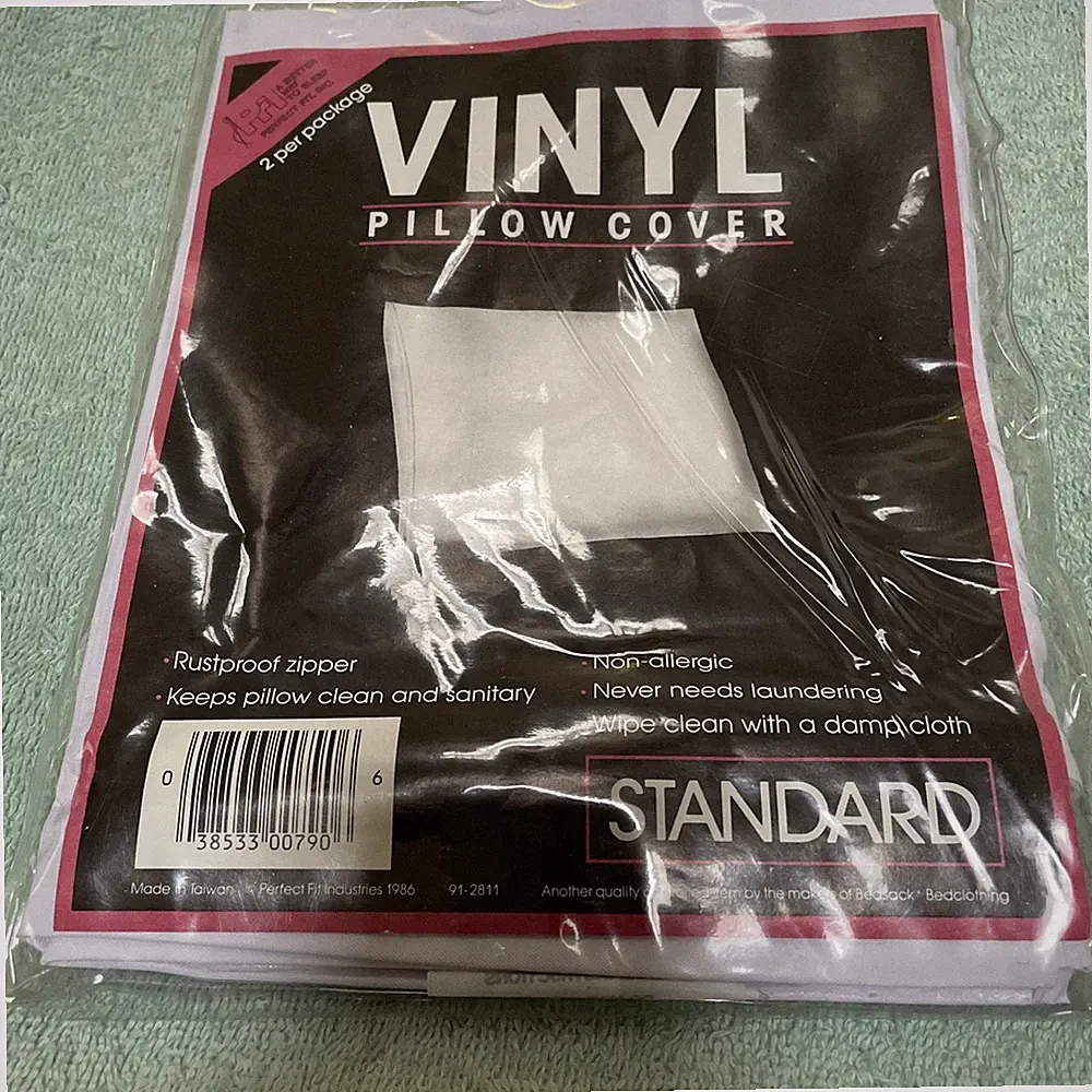 Standard White Zippered Vinyl Pillow Cover Wipe Clean 2 Pieces New Sealed