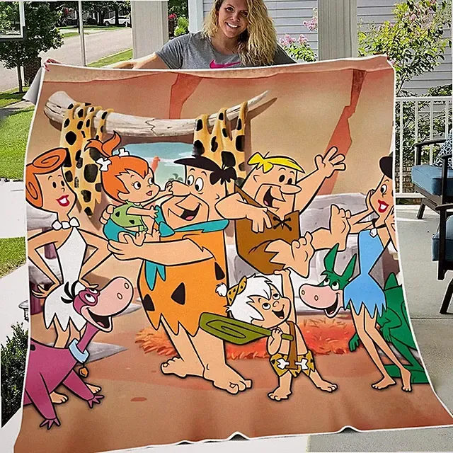 Stone Age Cartoon Family Flannel Blanket Prehistoric Cozy Throw