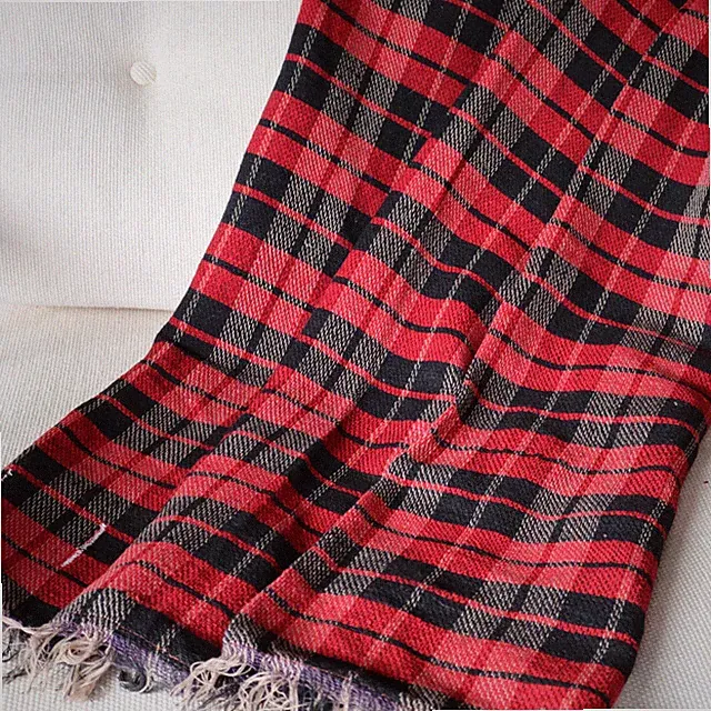 Urban Industrial Kalalou Throw Blanket Red, Black Tartan Plaid w Fringe 40 x 78"